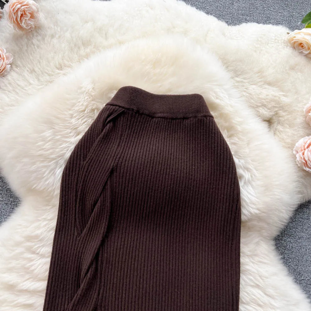 Women Elegant Chic Split Sexy Skirt Elastic Knit High Waist Fashion Vintage Pencil Skirt Black White Spring Autumn Clothing