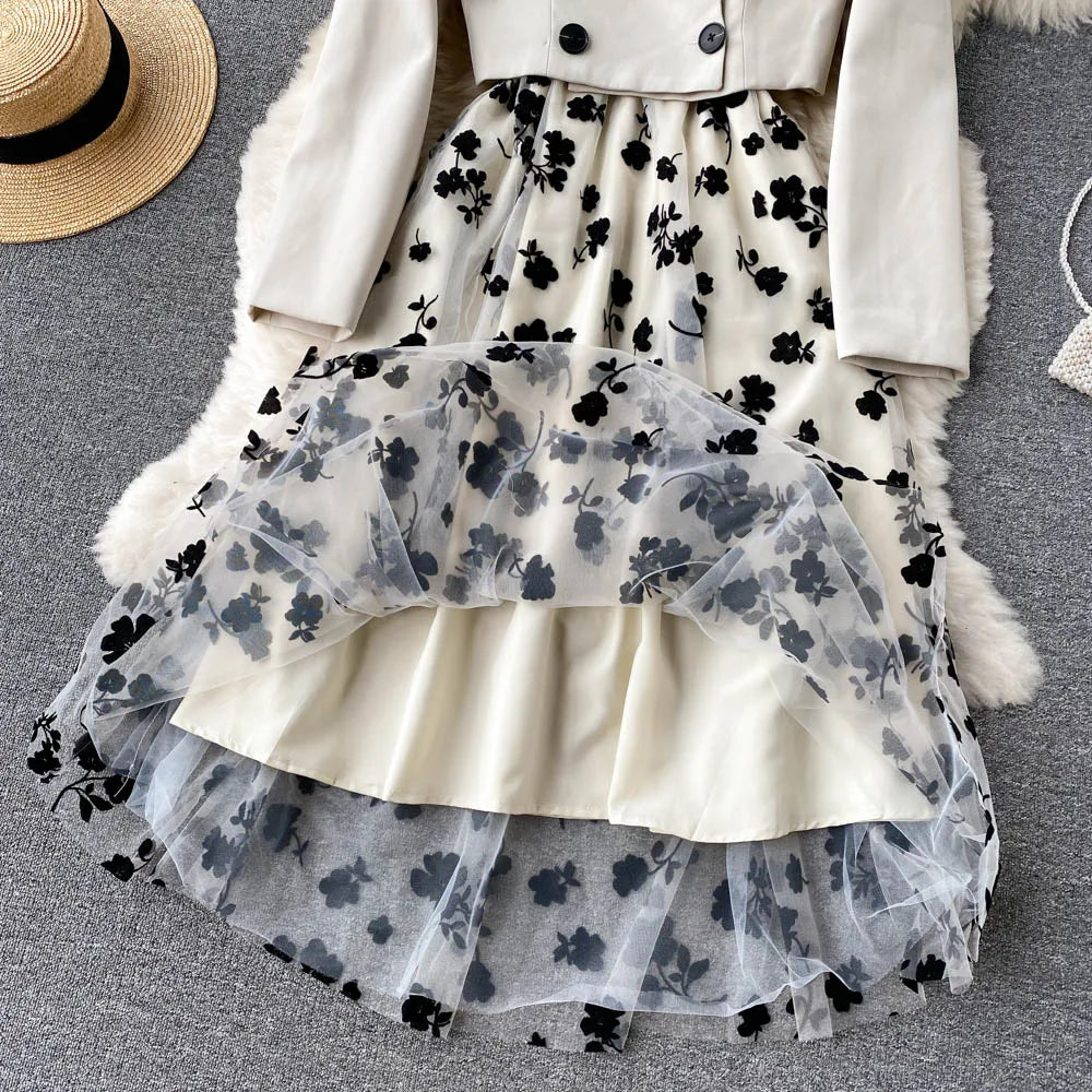 French Style Elegant Two Piece Sets Women Double Breasted Blazer Jacket + Mesh A-line Long Dress Fashion Korean Outfits