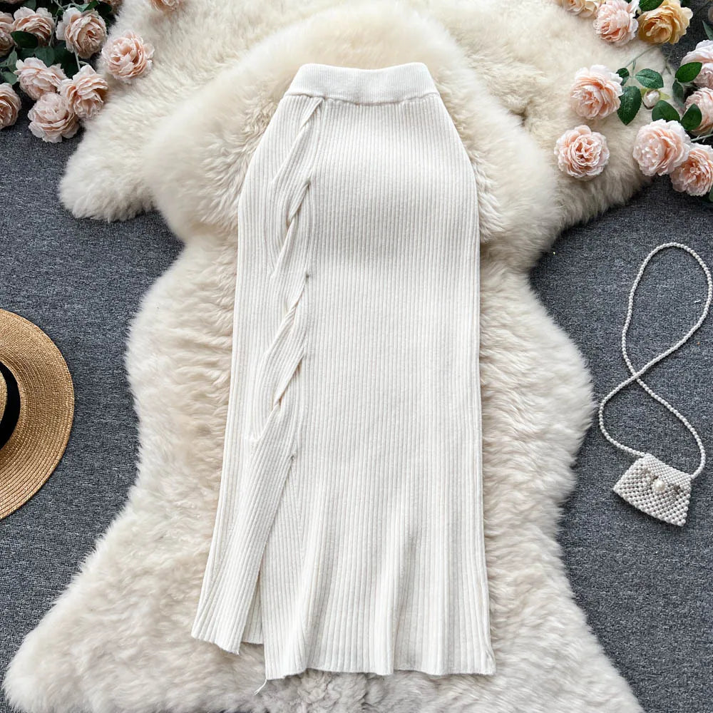 Women Elegant Chic Split Sexy Skirt Elastic Knit High Waist Fashion Vintage Pencil Skirt Black White Spring Autumn Clothing