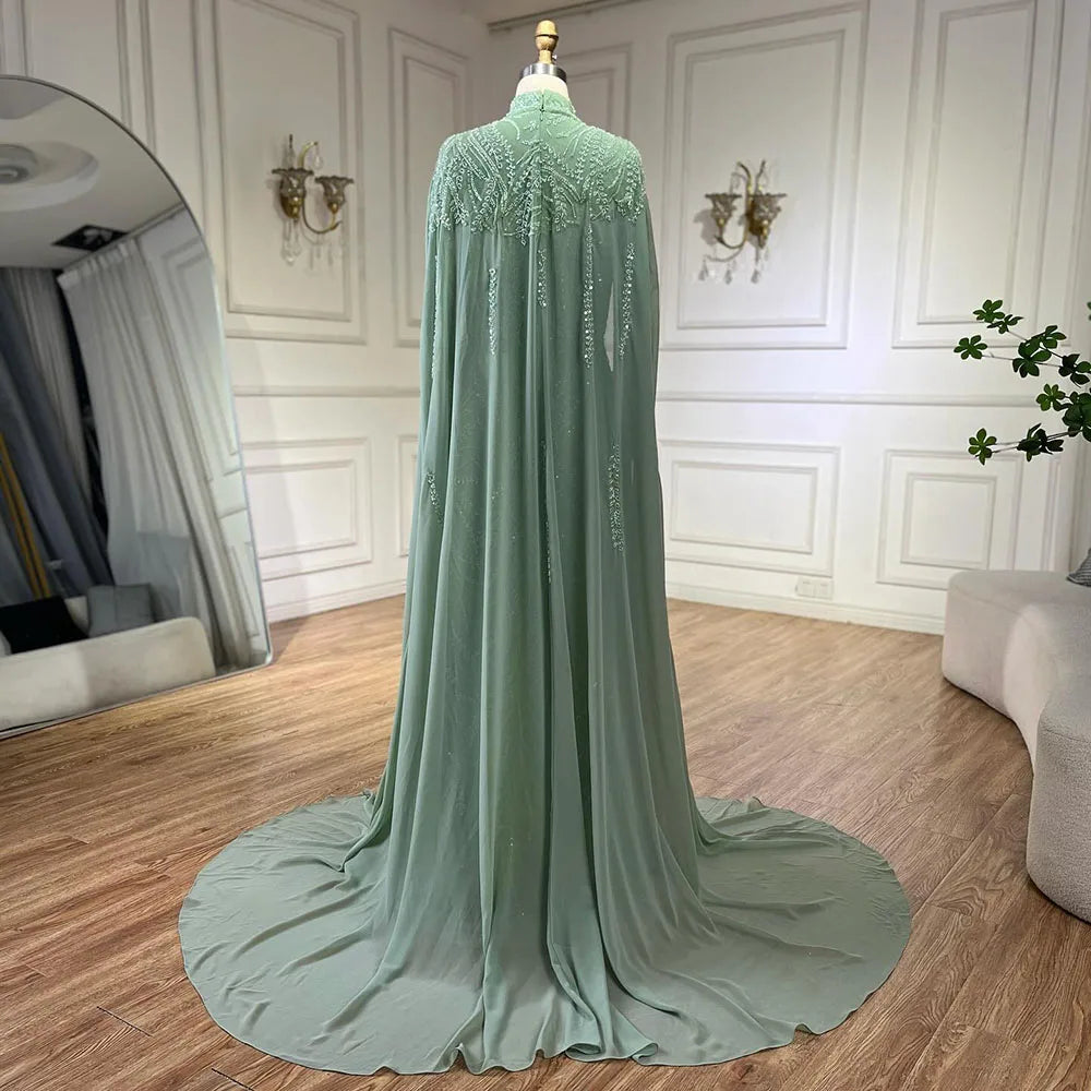 Serene Hill 2024 muslim Sage Green Mermaid Cape Sleeves Beaded Satin Luxury Evening Dresses Gowns for Women Party LA72413