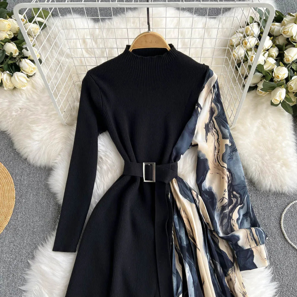 Elegant Chic Print Patchwork Knit Dress French Long Sleeve Party A-line Vestidos High Waist Basic Slim Women Autumn Winter Dress