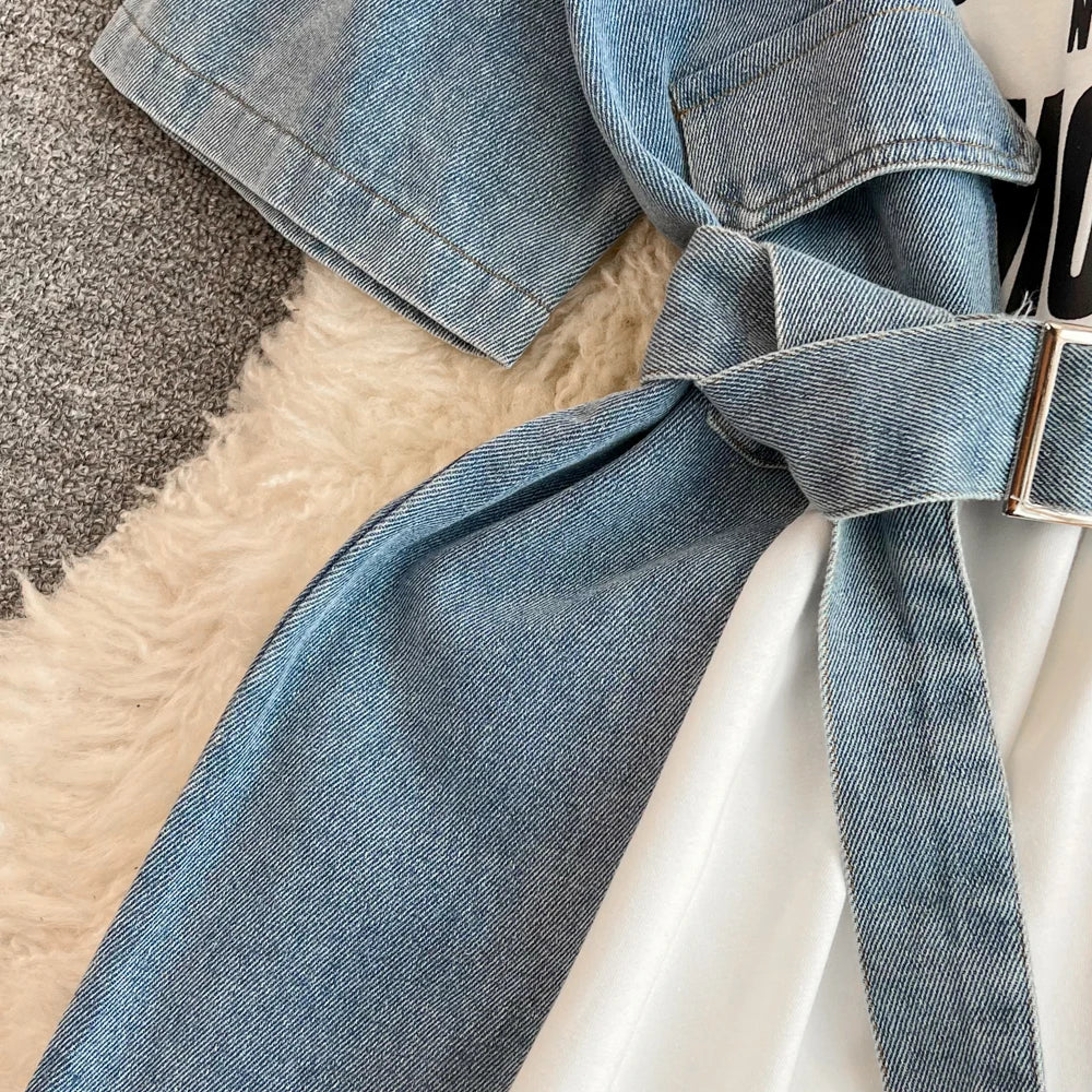 Women Summer Casual T Shirt Short Sleeve Streetwear Patchwork Denim Long Shirts Female O-neck Slim Jeans Tops