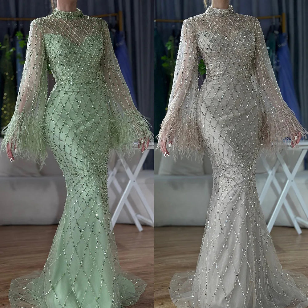Serene Hill 2024 Saudi Caramel Illusion Cut Out Lace Beaded Feathers Mermaid Evening Dresses Gowns for Formal Occasion LA72394A