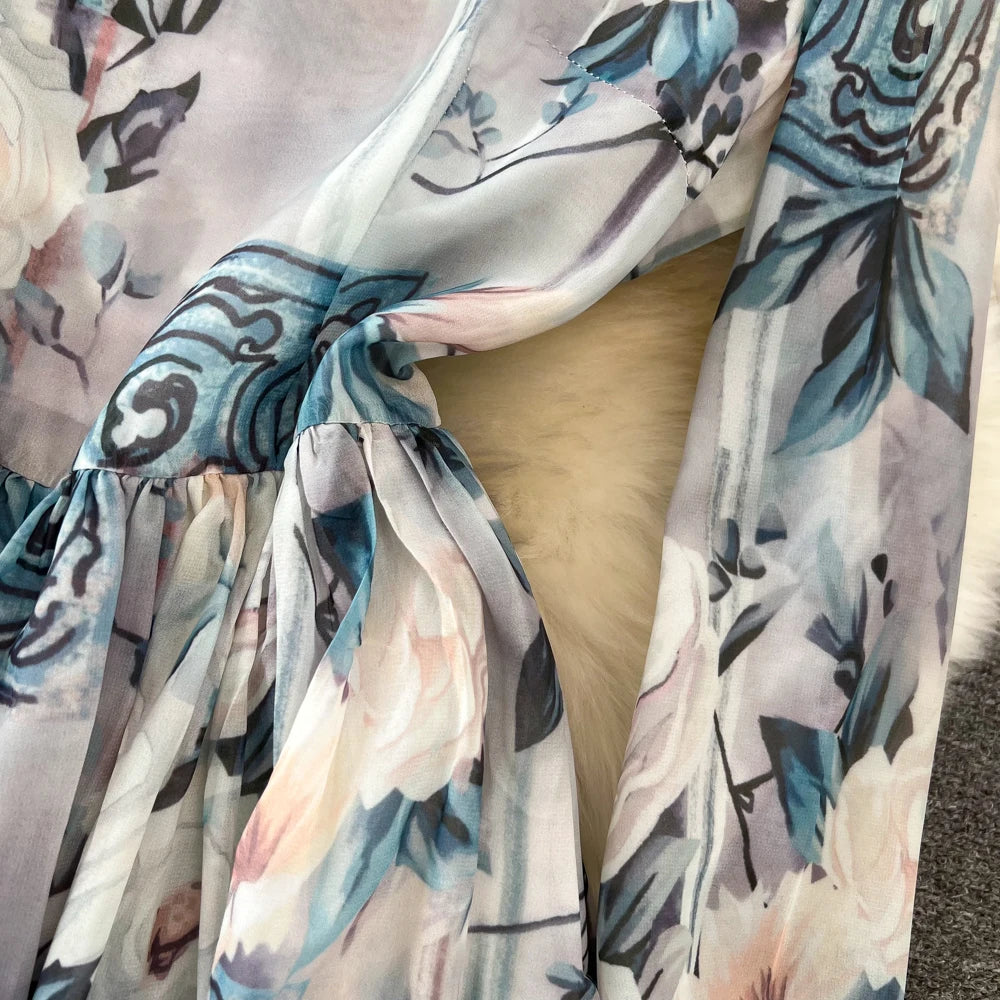 Elegant Chic A-Line Women Autumn Dress Long Sleeve Casual Floral Print Vintage Beach Holiday Vestidos Female Lace-up Robe Mujers