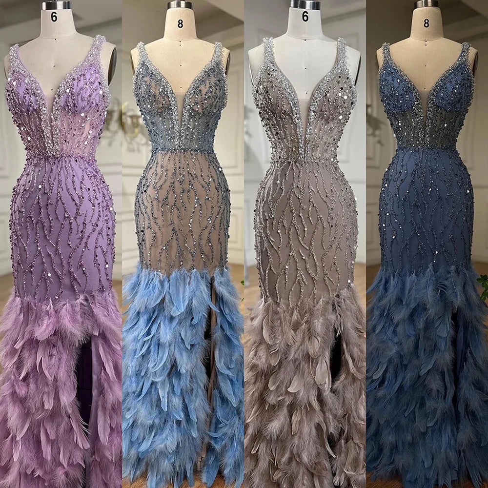 Serene Hill Pink Mermaid High Split Luxury Evening Dresses Feather Beaded Gowns Long 2024 For Women Wedding Party LA72152