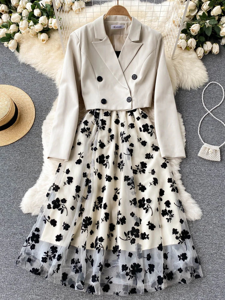 French Style Elegant Two Piece Sets Women Double Breasted Blazer Jacket + Mesh A-line Long Dress Fashion Korean Outfits