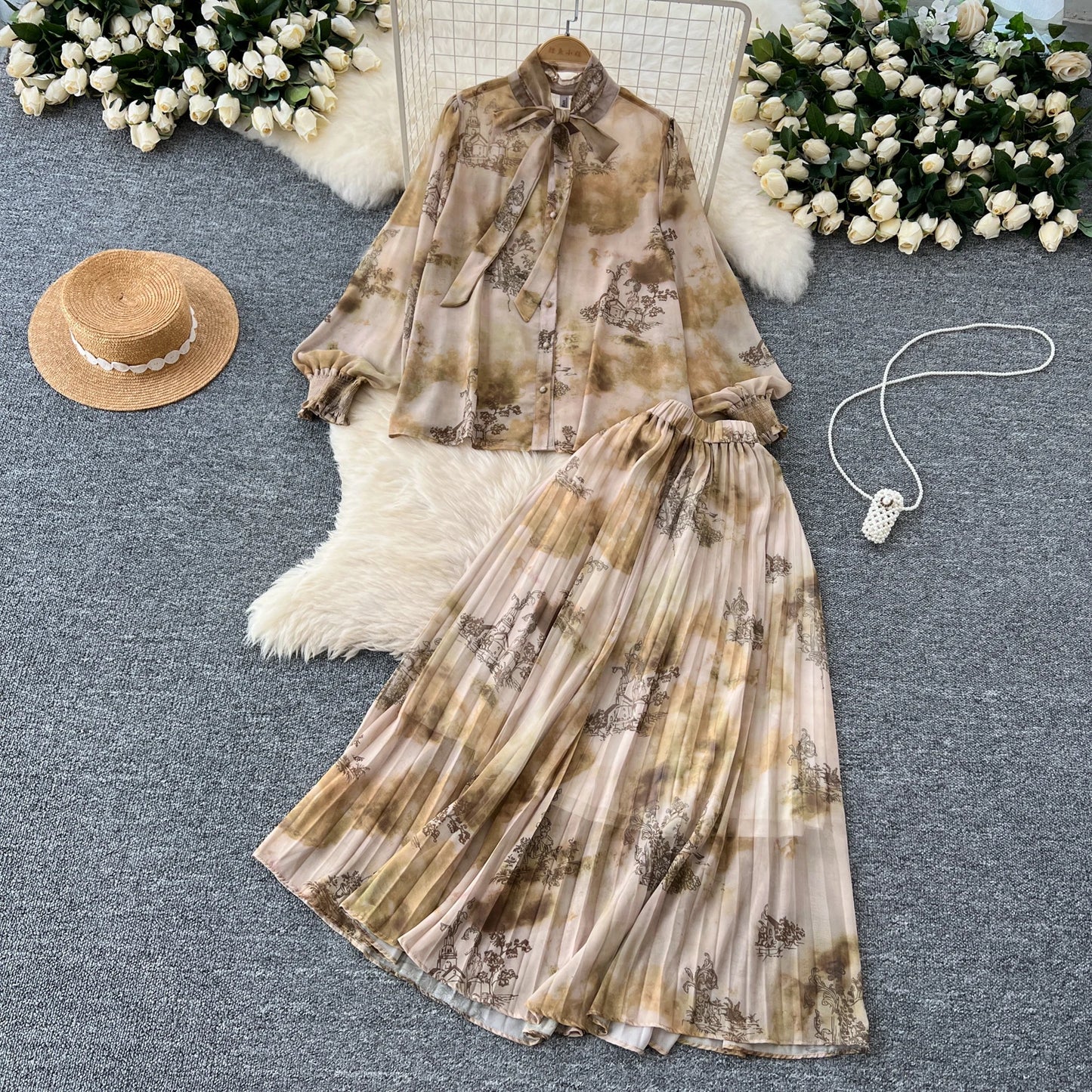 Women Chic Print Sweet Two Pieces Sets Bow Lantern Long Sleeve Top High Waitst Wide Skirt Fashion Summer Sets