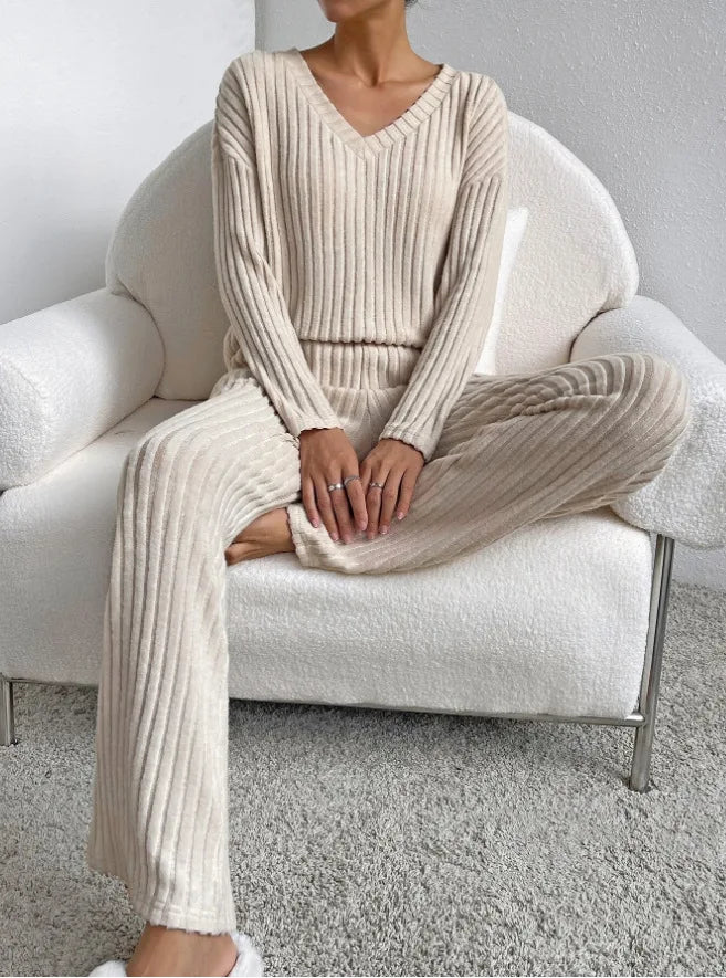 Pit striped Knitted Two Piece Set for Women Spring Solid Casual 2-piece V-neck Pullover Sweater+Straight Leg Pants Trendy Female