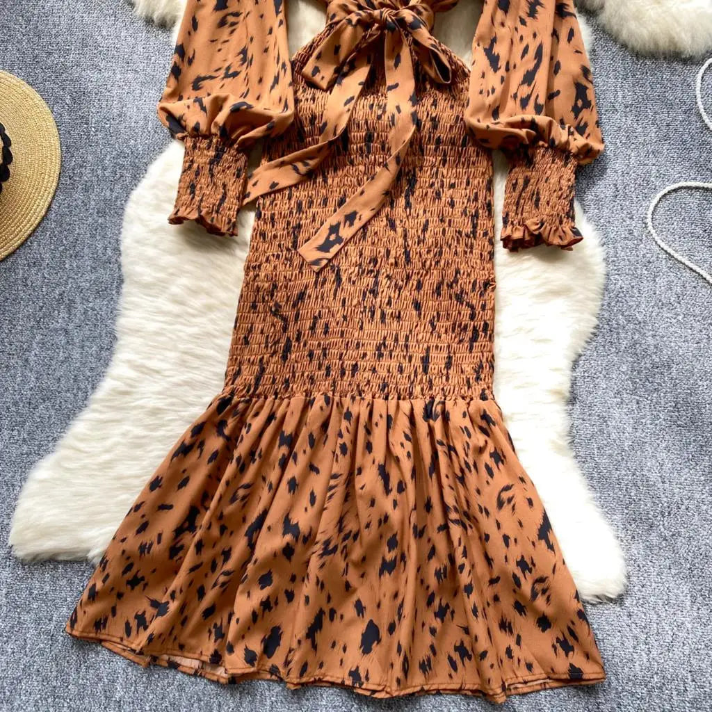 Women Casual Vintage Print Ruffle Long Dress Autumn Elegant V Neck Lantern Sleeve Party Mermaid Dresses Holiday Female Mujer New