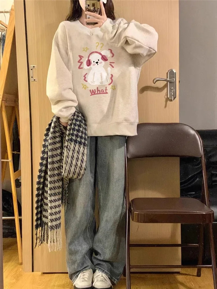 2024 Spring Autumn New Couple Top Unisex Thickened Retro Oversize Pullover Cartoon Puppy Print Round Neck Long Sleeves Pullovers