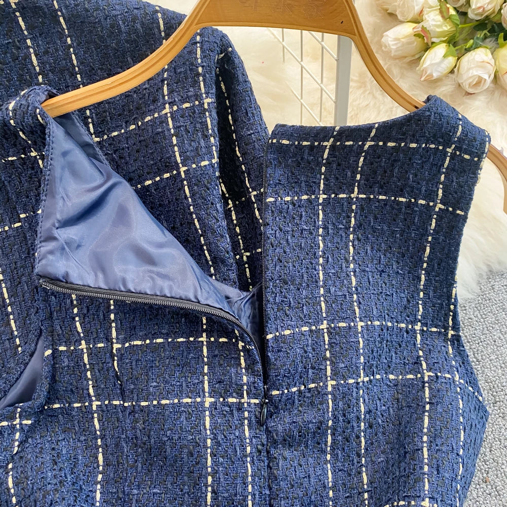 Women Checkered tweed Blazer 2-Piece Set Elegant Small Fragrance Wind Outfit Cropped Jacket+Mini Dresses Suit for Spring Autumn