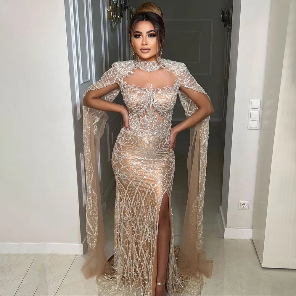 Serene Hill Nude Mermaid Elegant Sexy High Collar Cape Sleeves Luxury Beaded Evening Dresses Gowns 2024 For Women Party GLA71747