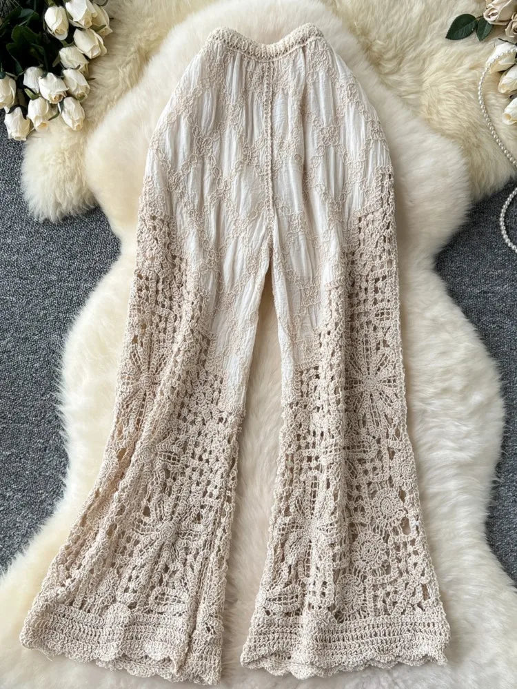 Korean Fashion Women Knitting Trousers Autumn Embroidery Splice Hollow Out High Waist Loose Casual Beach Long Wide Leg Pants New