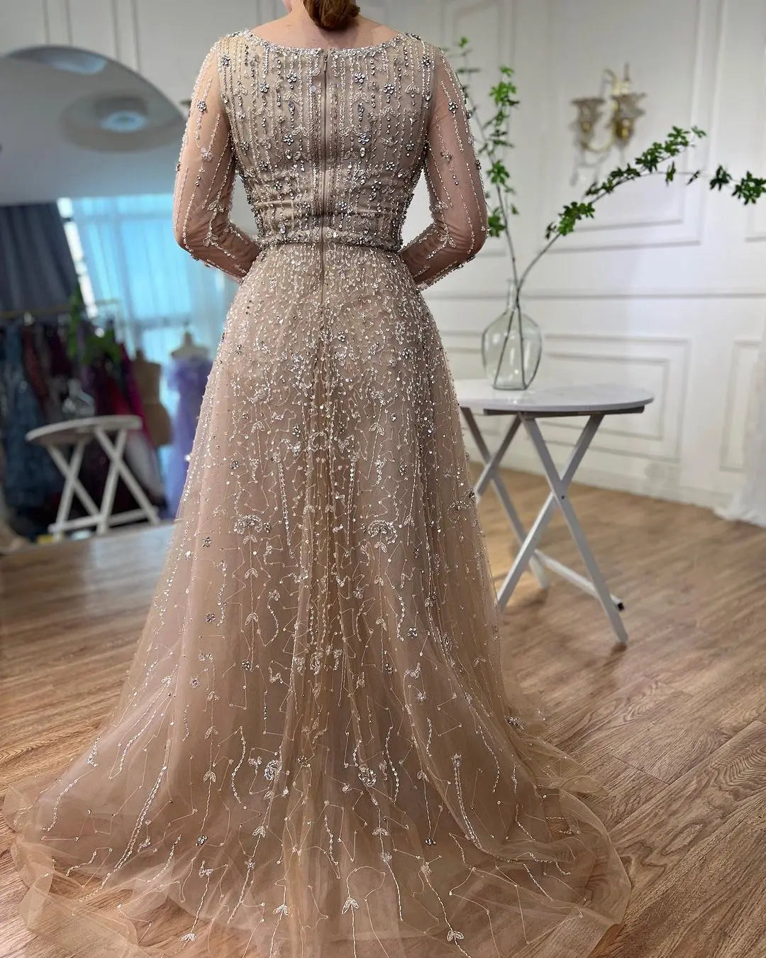 SERENE HILL Dubai Arabic Nude Designer Luxury Beaded Evening Dresses 2024 Long Sleeves Gowns For Women Wedding Party GLA72088