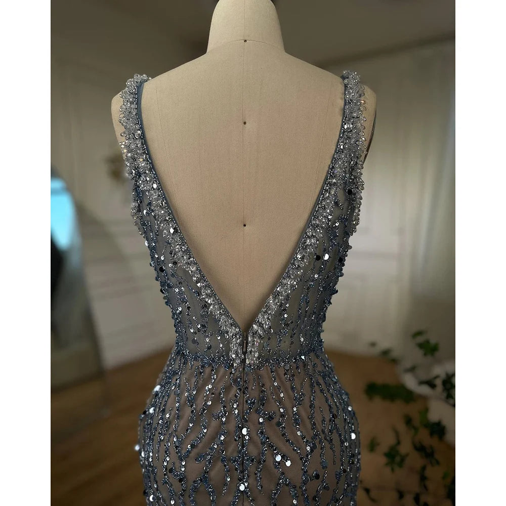 Serene Hill Pink Mermaid High Split Luxury Evening Dresses Feather Beaded Gowns Long 2024 For Women Wedding Party LA72152