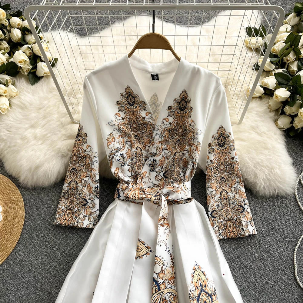 Pinkou Women Elegant Print Maxi Dress Cross V Neck Bow Tie Sashes Three Quarter Sleeve Female Chic Wrap Dresses Vestido QA815