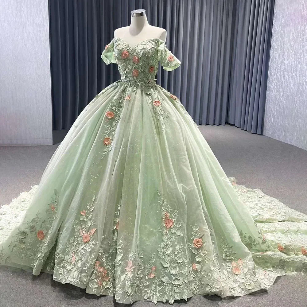 Serene Hill 2024 High End Custom Dubai Sage Green Elegant Boat Neck Wedding Dress Appliques Bridal Gowns HM222240B