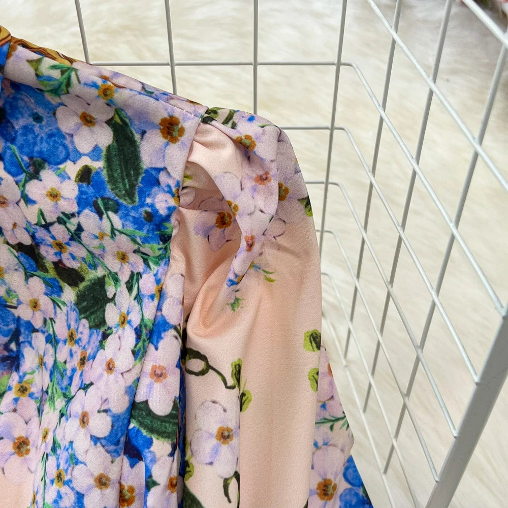 Vintage Print Elegant Lantern Long Sleeve Lapel A-line Dress Casual Women Fashion Autumn Spring Dress