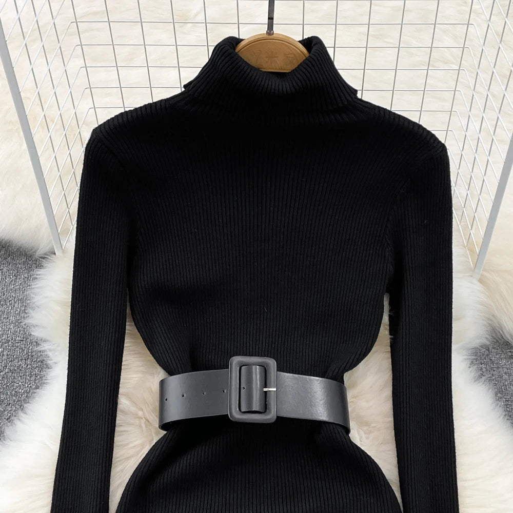 Elegant Turtleneck Long Sleeve Knit Soft Tight Pencil Dress with Belt Slim Fashion Warm Sweater Vestido Sexy Women Winter Robe