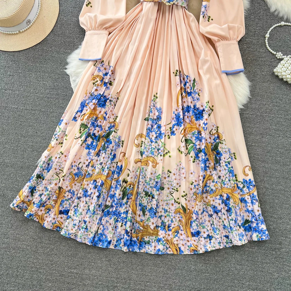 Vintage Print Elegant Lantern Long Sleeve Lapel A-line Dress Casual Women Fashion Autumn Spring Dress