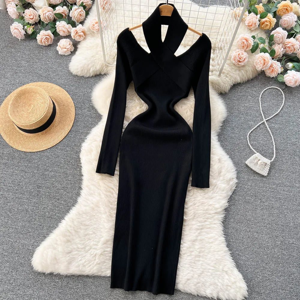 Chic Sexy Criss-cross Halter Elegant Pencil Dress Fashion Slim Knit Long Sleeve Birthday Party Vestidos Women Autumn Winter Robe