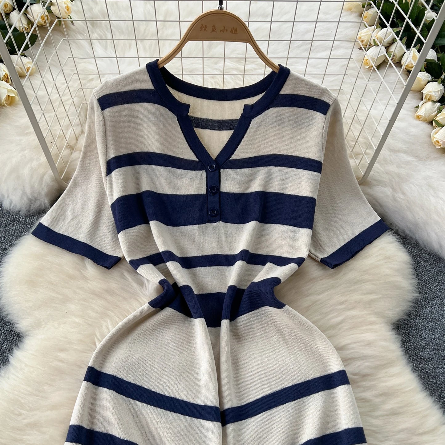 Sexy Chic short sleeve PATCHWORK v-Neck Striped Knit Dress Elegant Fashion Party Slim Summer A-line sweet dresses