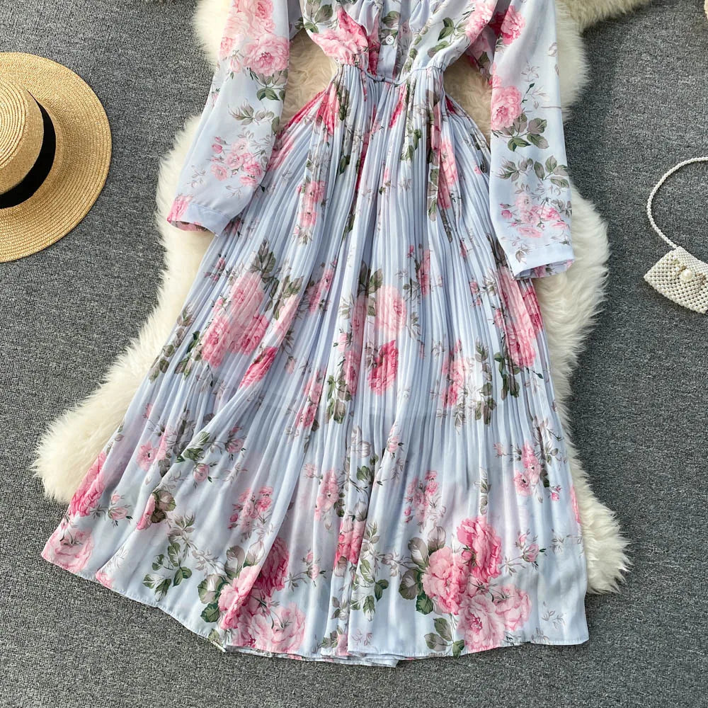 Retro Floral Print Pleated Elegant Chiffon Maxi Dress A-line Fashion Beach Vacation Party Dress Women Summer Spring Vestidos