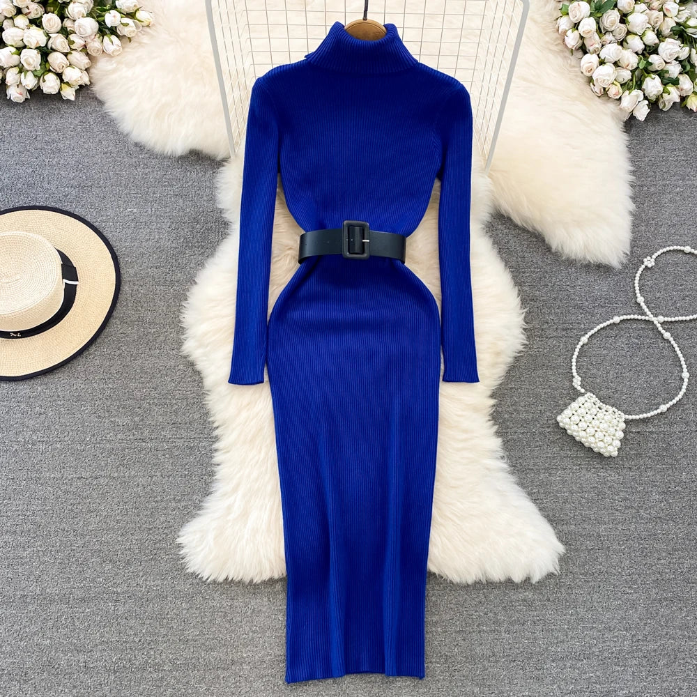Elegant Turtleneck Long Sleeve Knit Soft Tight Pencil Dress with Belt Slim Fashion Warm Sweater Vestido Sexy Women Winter Robe