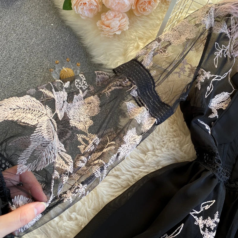 Retro Print Floral Embroidery Elegant Lace Up Dress A-line Long Sleeve Casual O-neck High Waist Dress Women Ceremonial Dress