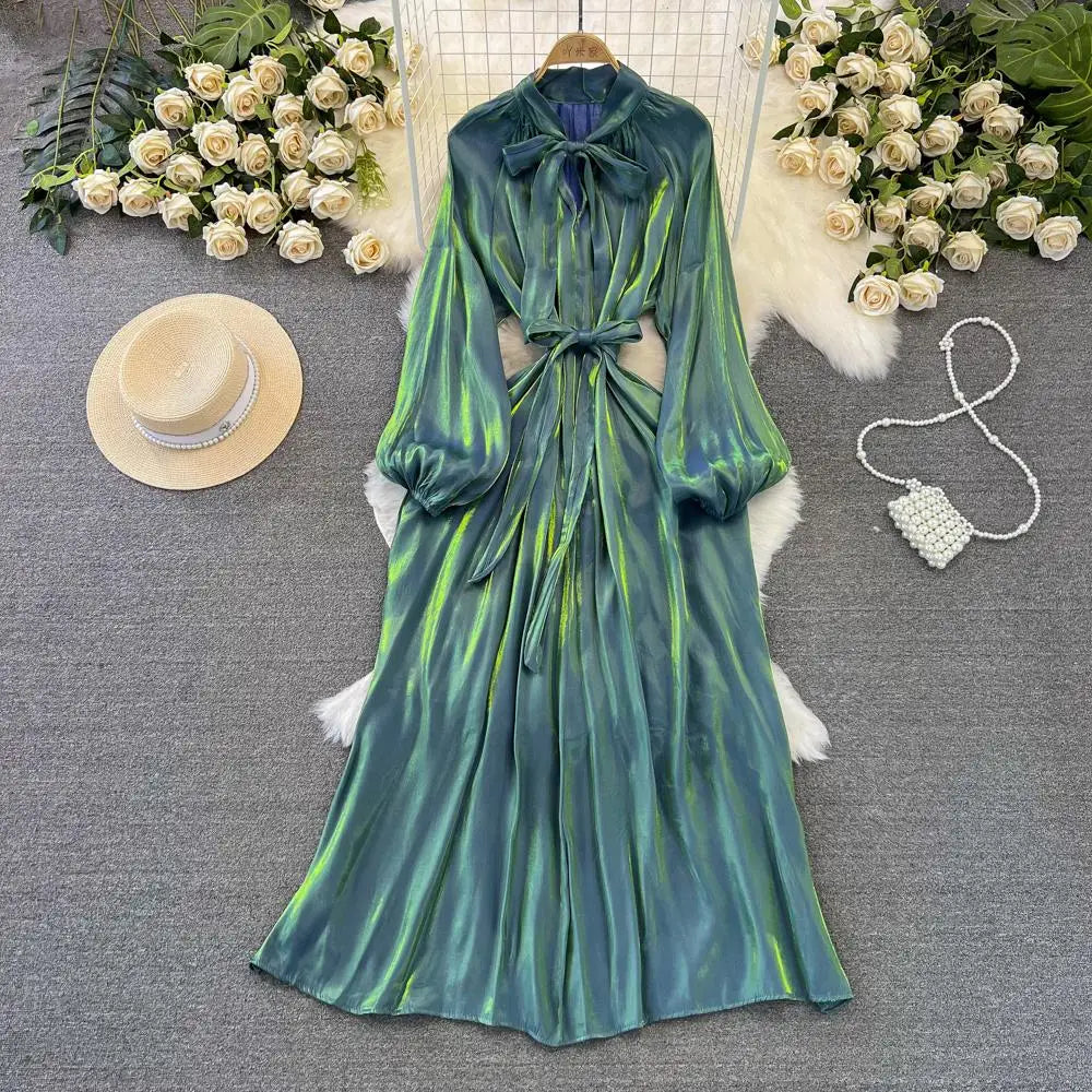 Autumn Elegant Women Fashion Party Long Dress Bow Lace Up Long Sleeve Evening Dresses A-Line Casual Vestidos One Piece Prom Robe