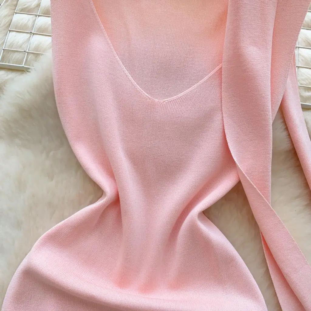 Sexy V-Neck Knitted Mini Dress for Women Elegant Spaghetti Strap Ribbon Slim Dresses One Piece Solid Female Clothes Autumn New