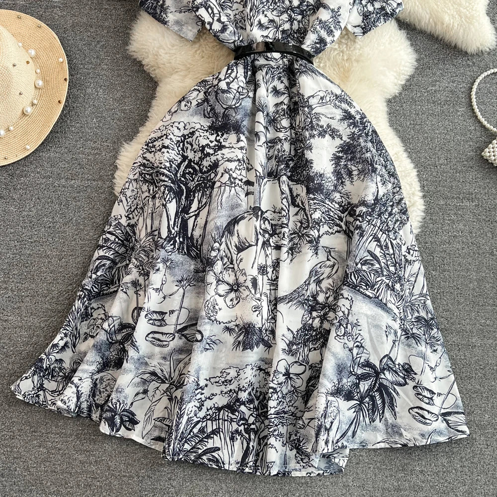 Summer Retro Shirt Dress Women Short Sleeved Lapel Single Breasted A-line Print Long Dresses Ladies Elegant Party Long Robe