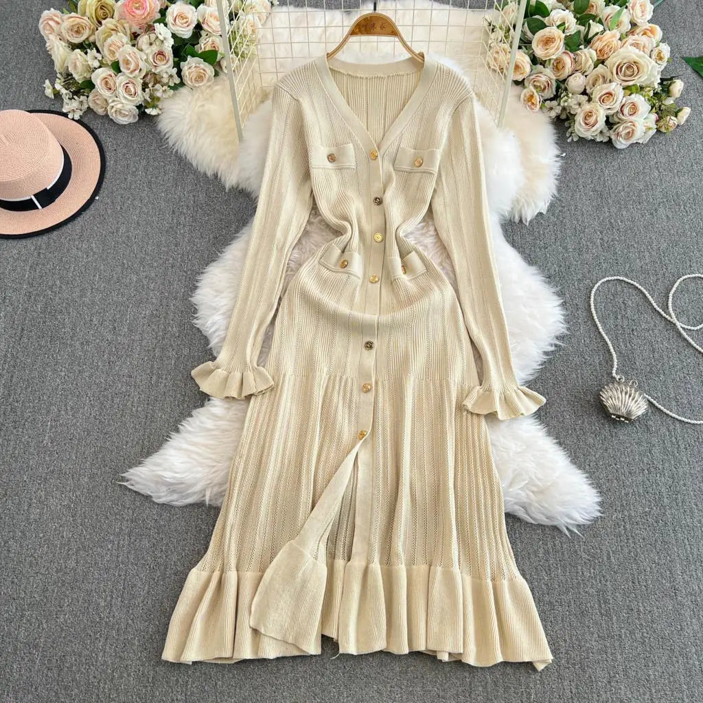 Women Vintage Mermaid Knitted Dress Elegant Casual Single Breasted Bodycon Slim Evening Dresses Female One Piece Clothes Mujers