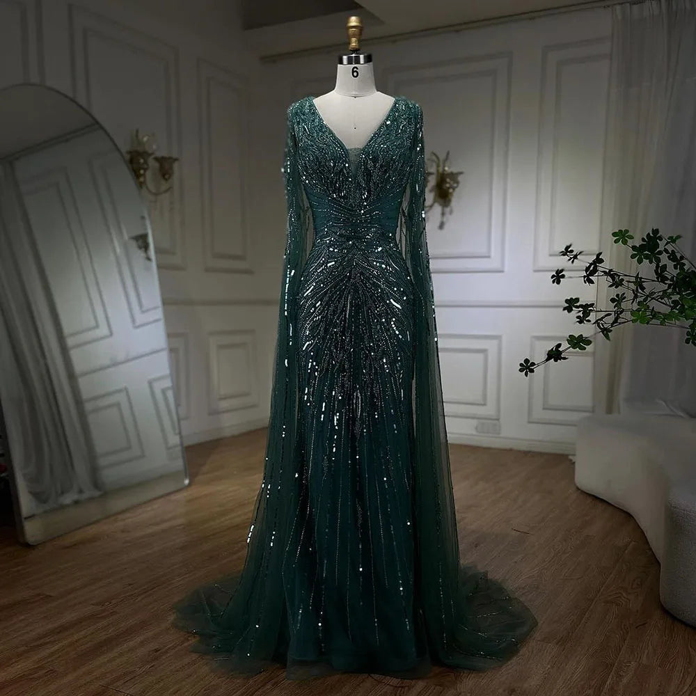 SERENE HILL 2024 Arabic Silver Mermaid Cape Sleeves Luxury Beaded Evening Dresses Formal Long Gowns Women Wedding Party GLA72239