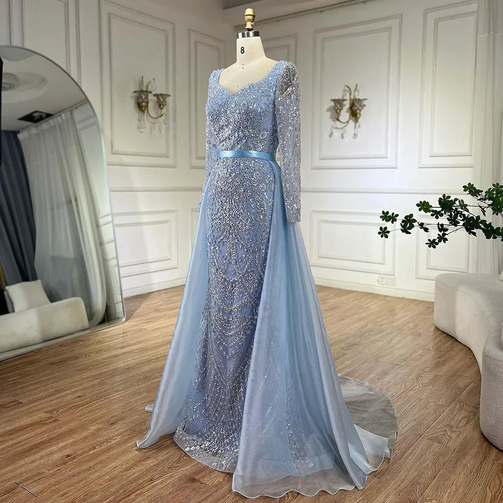 Serene Hill Arabic Blue Sweetheart Mermaid Evening Gown Beaded Overskirt - Luxury Dresses for Woman's Wedding Party 2024 LA72548