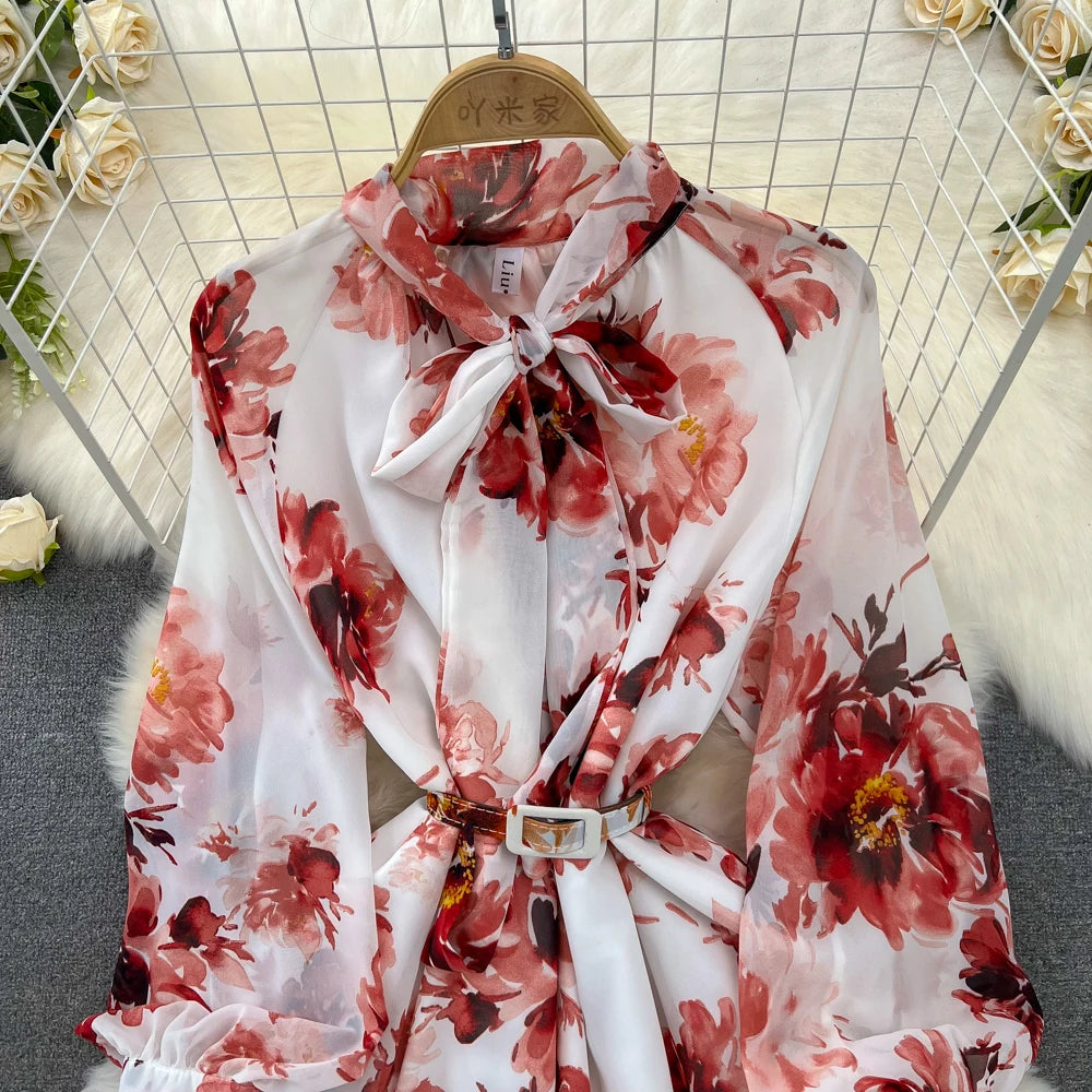 Elegant Casual Women Fashion Floral Print Long Dress Vintage Pleated A-Line Maxi Boho Beach Party Robe Female Clothes Mujers