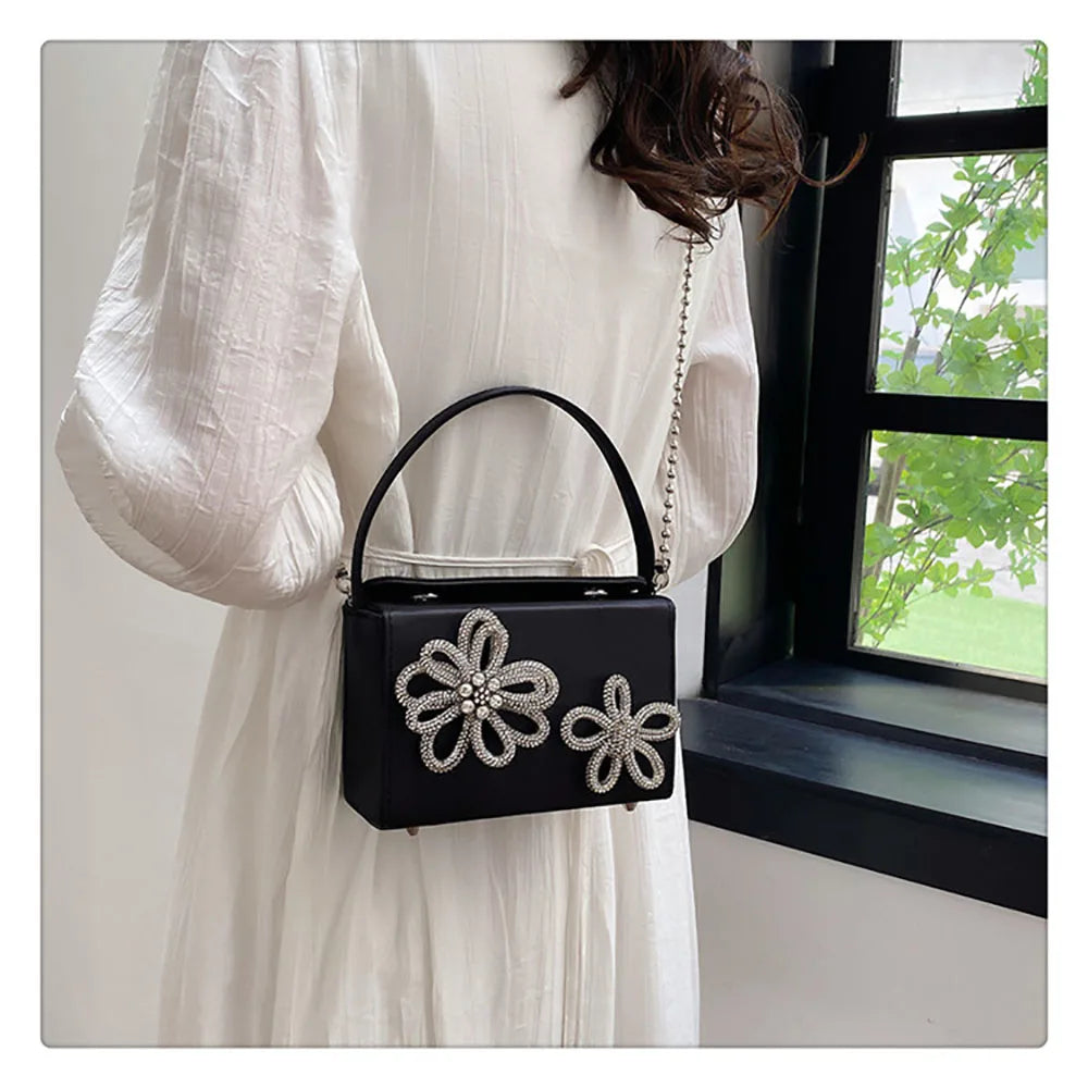 Light Luxury High-Grade Women Chain Crossbody Bag Korean Design Sense Diamond Flower New Pop Handbag Fashion Box Mini Square Bag
