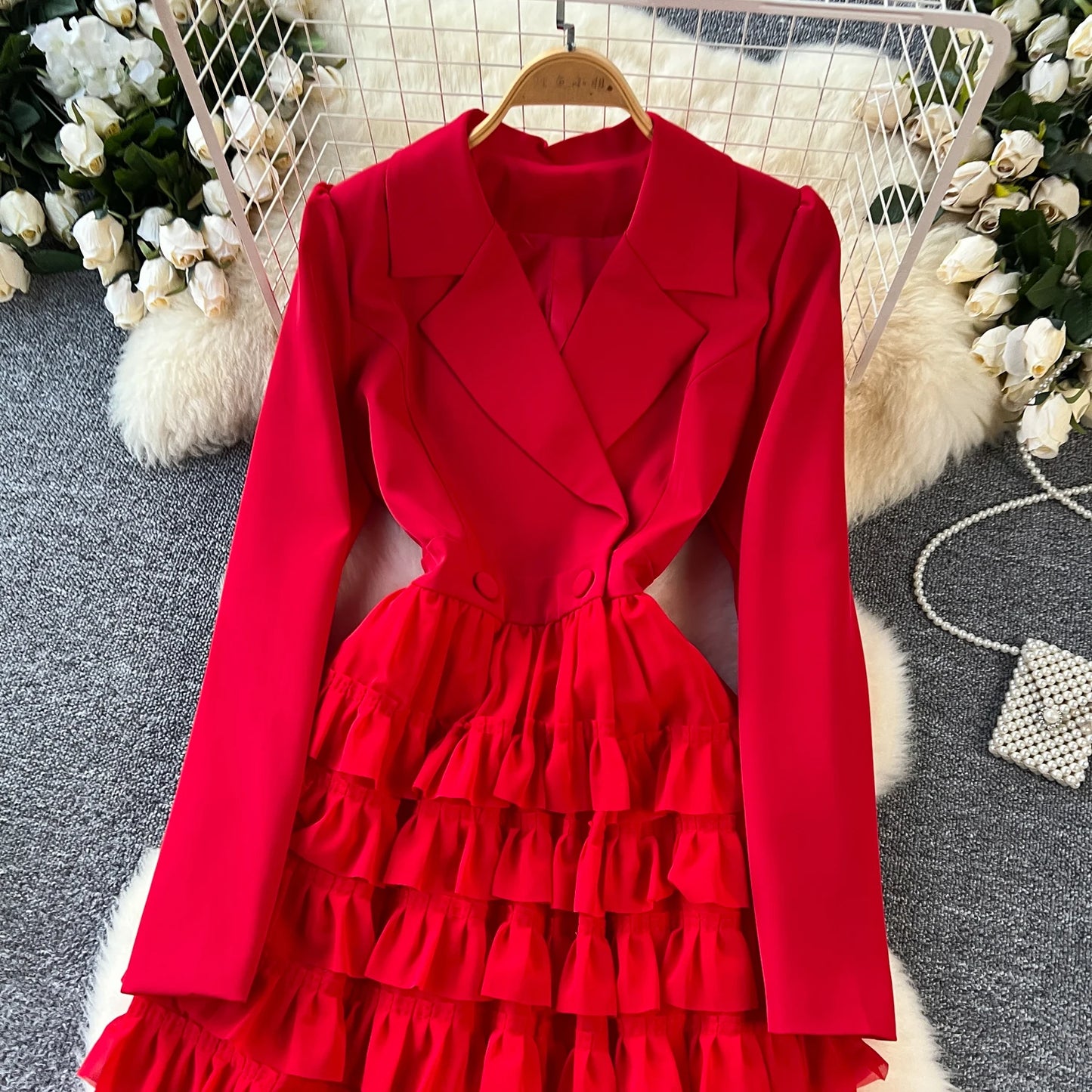 French Vintage Two Pieces Sets Notched lool sleeve mesh sweet A-line Chic PATCHWORK Women Summer dresses