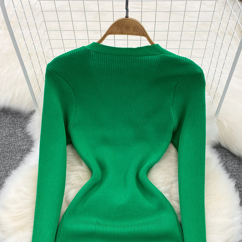 Sexy Split V-neck Long Sleeve Bodycon Dress Chic Elegant Evening Party French Fashion Knit Vestidos Women Autumn Pencil Dress