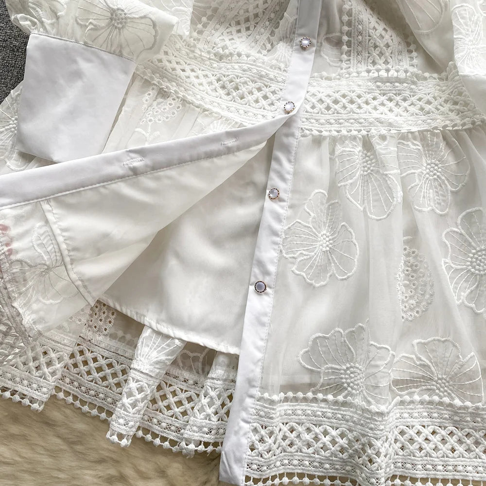 Spring Dresses 2024 Crochet Trim Cutwork Embroidery Mini Holiday Dress Women Stand Collar Long Sleeve Elegant Party Dresses