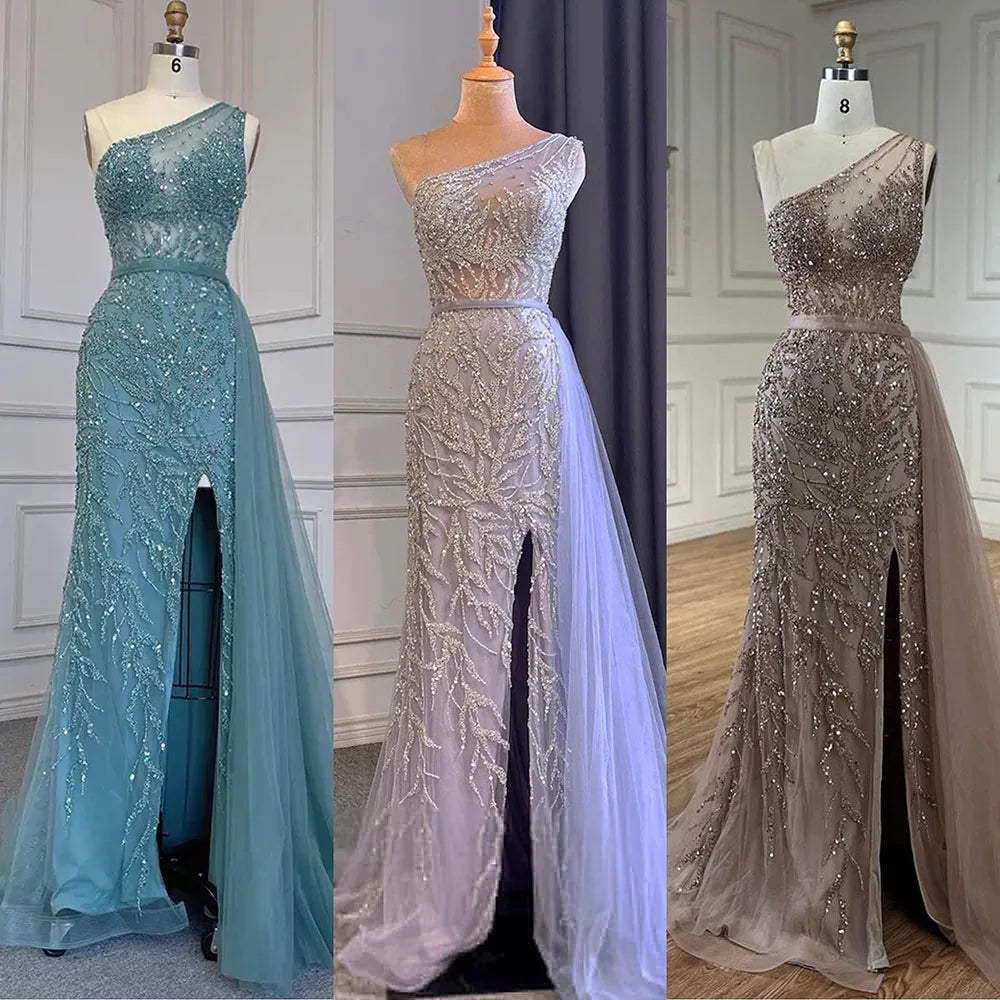 Serene Hill Turquoise Mermaid Elegant With Skirt High Split Evening Dresses Gowns Luxury Beaded Crystal 2024 Women LA71582A
