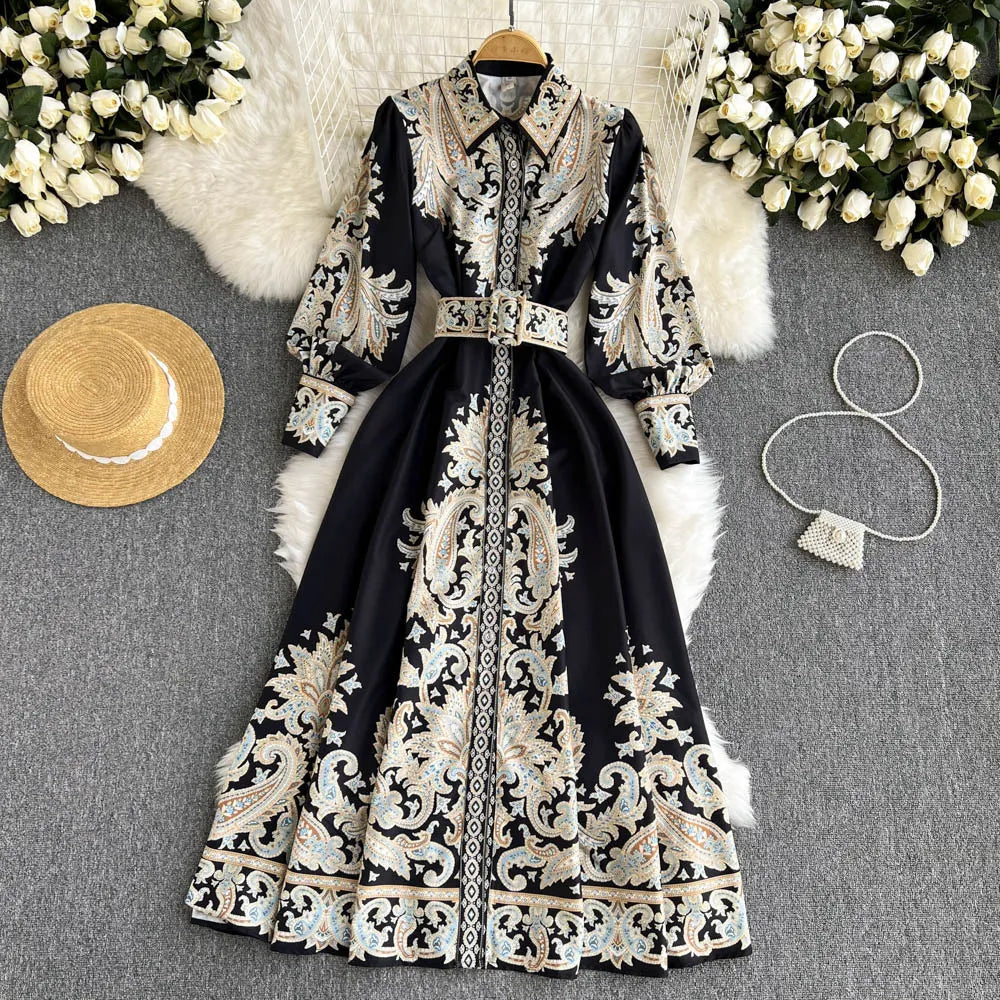 Retro Printed Party Dress Women Polo Collar Long Sleeve Elegant Long Dresses Spring Autumn French Single Breasted Shirt Dress
