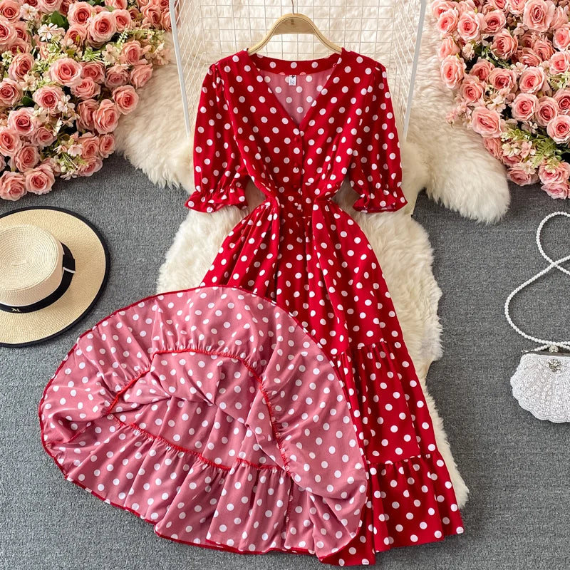 New Summer Women's Fashion Vintage Polka Dot Midi Dress Elegant and Chic A-Line Party Casual White Black Vestidos Female Robe