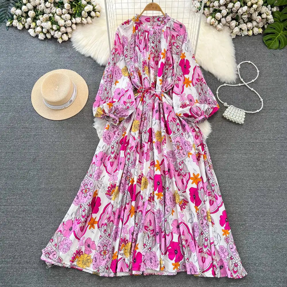 Elegant Women Casual Floral Print Party Dress Vintage Lantern Sleeve A-Line Pleated Prom Birthday Clothes Female Fashion Robe