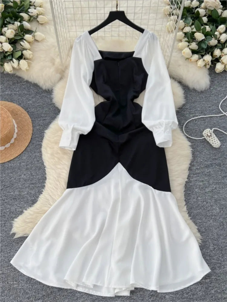 Elegant Pleated Mermaid Dress for Women Autumn Black White Patchwork Evening Party Dresses Autumn Slim Waist Prom Vestidos Robe