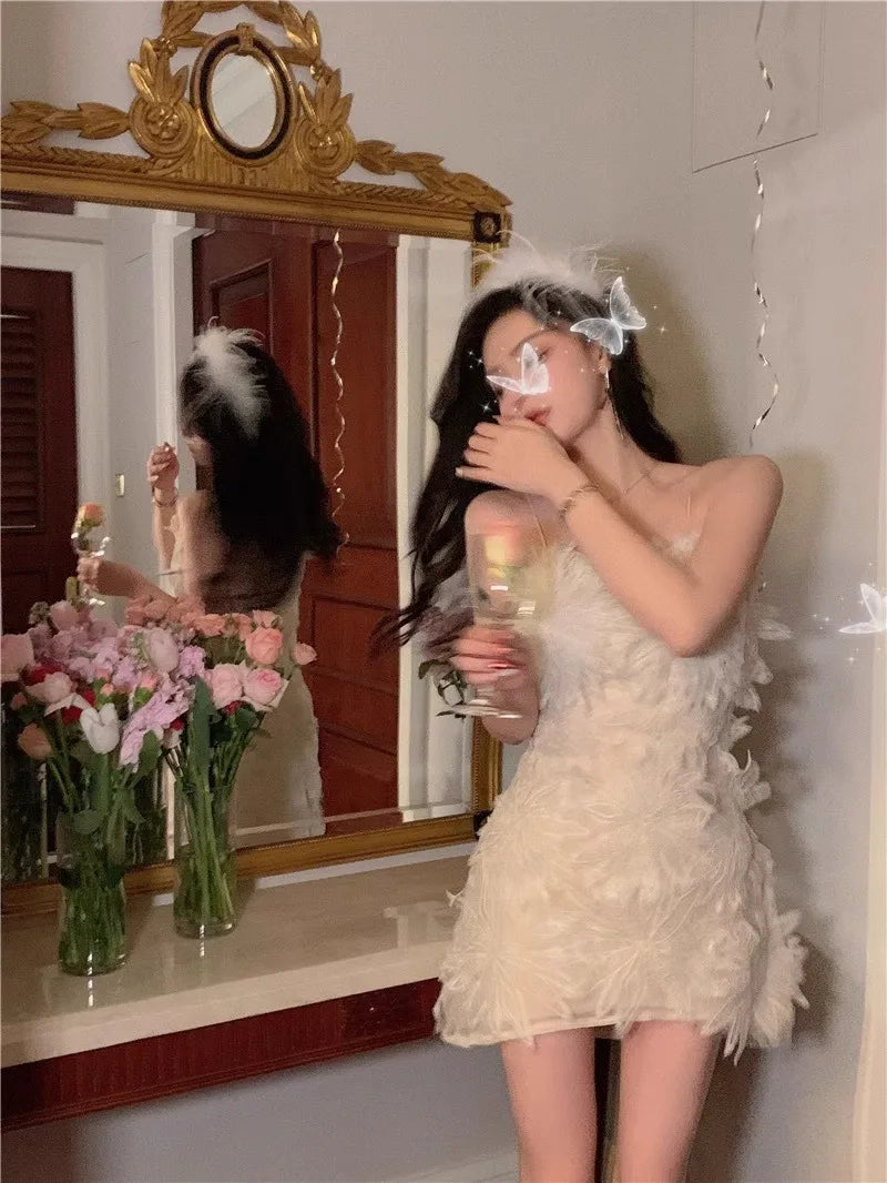 French White Feather Lace Flower Fairy Dress Hollow out Sexy Waist Wrapped Chiffon Hanging Spaghetti Strap Dresses Summer