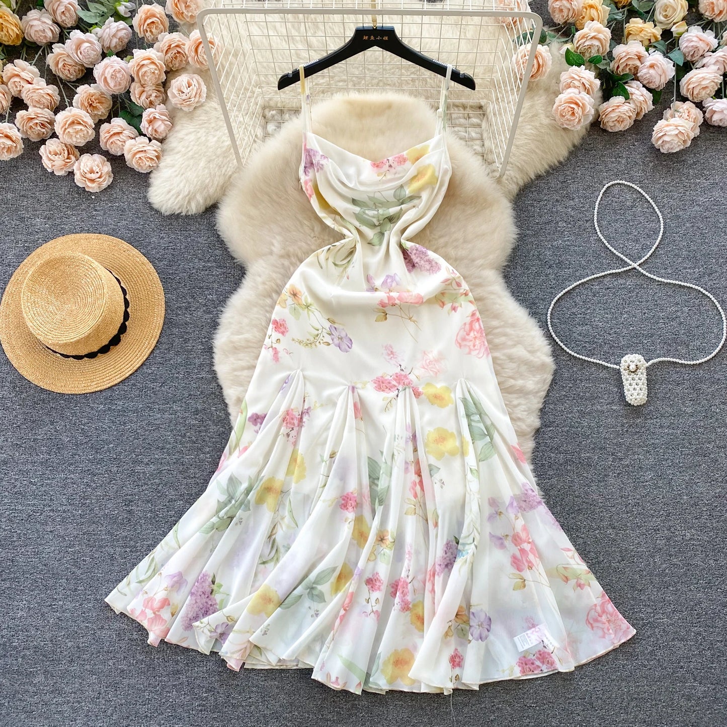 French Elegant Beach Dress 2024 New Women Sexy Floral Printed Slim Mid Length Ruffled Party Dresses Ladies Summer Long Robe