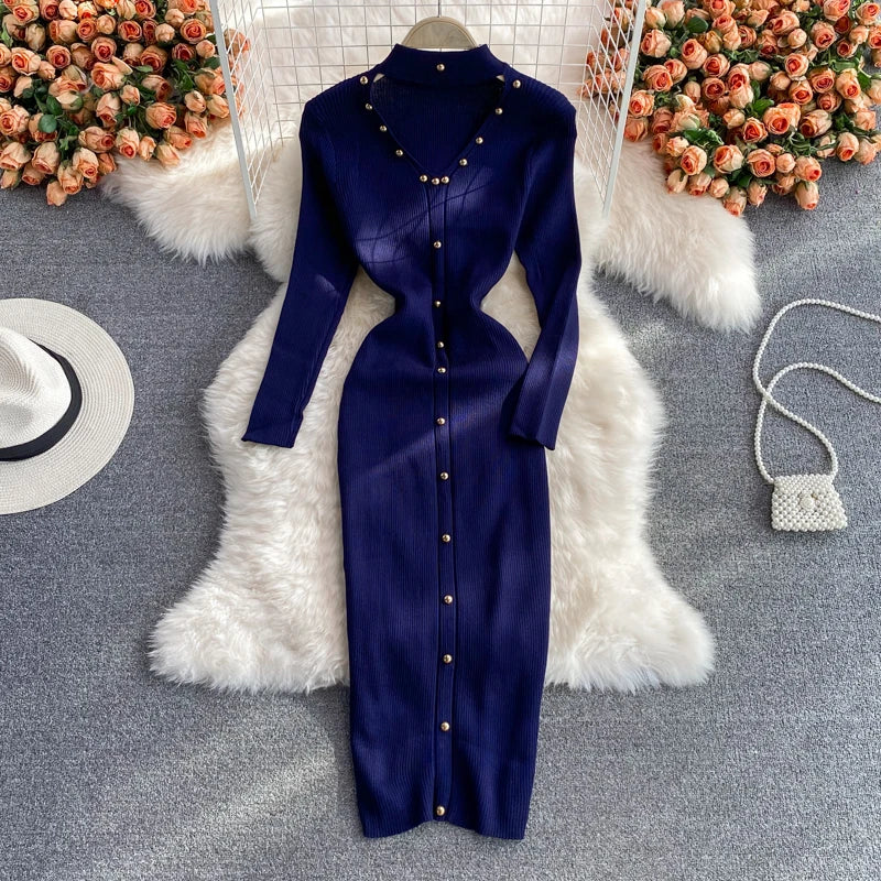 Women Chic Hollow Elegant Long Sleeve Bodycon Dress Sexy Party French Fashion Knit Wrap Vestidos Tight Slim Pencil Dress