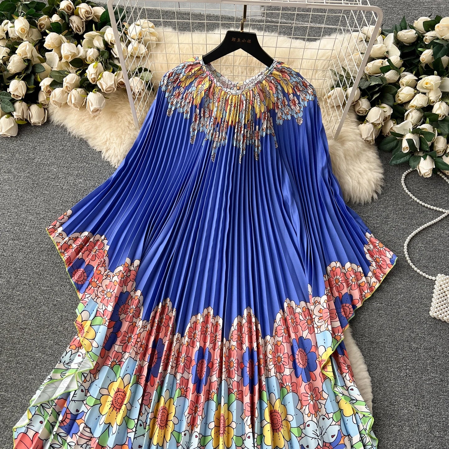 Vintage Print Elegant O-neck Batwing Sleeve Dress A-line Casual Belt Fashion Dress Women Fashion Summer Spring Vestidos