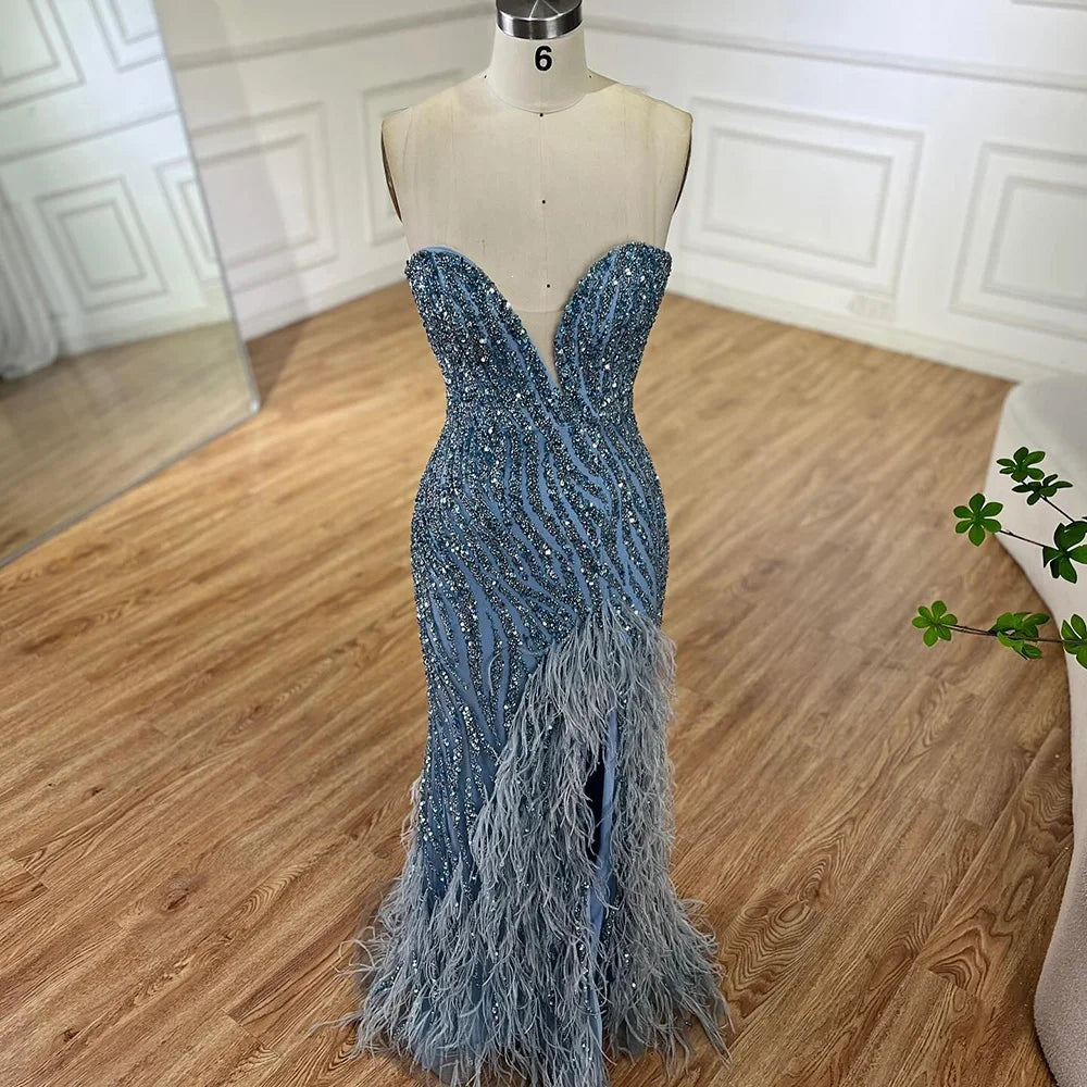 Serene Hill 2024 Arabic Strapless Blue Beaded Feathers Luxury Dubai Evening Gowns with Side Skirt for Women's Party LA72695
